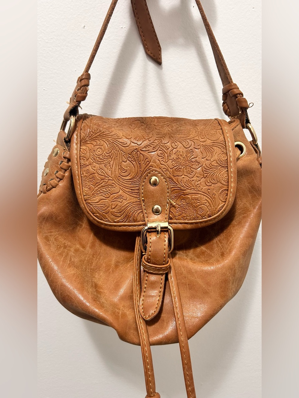 ELA Boho Western Crossbody Bag Cognac Floral Embossed Bucket Purse